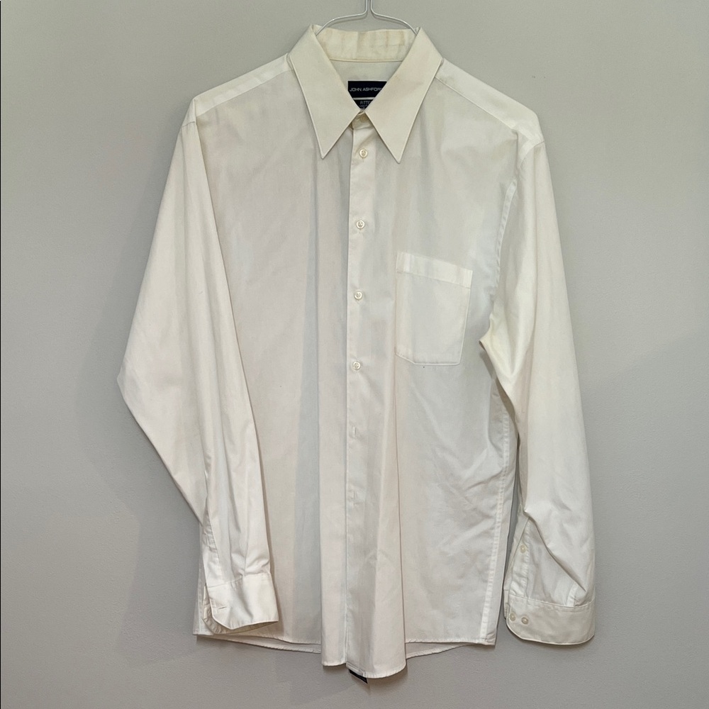 John Ashford Classic White Dress Shirt Fitted Wrinkle Resistant Front Pocket